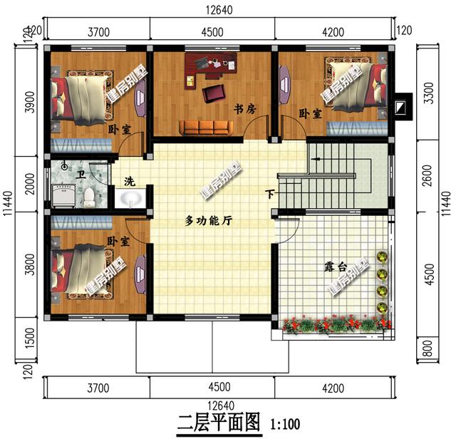 3栋面宽12.6米二层别墅设计图，都带堂屋设计，都是5间卧室