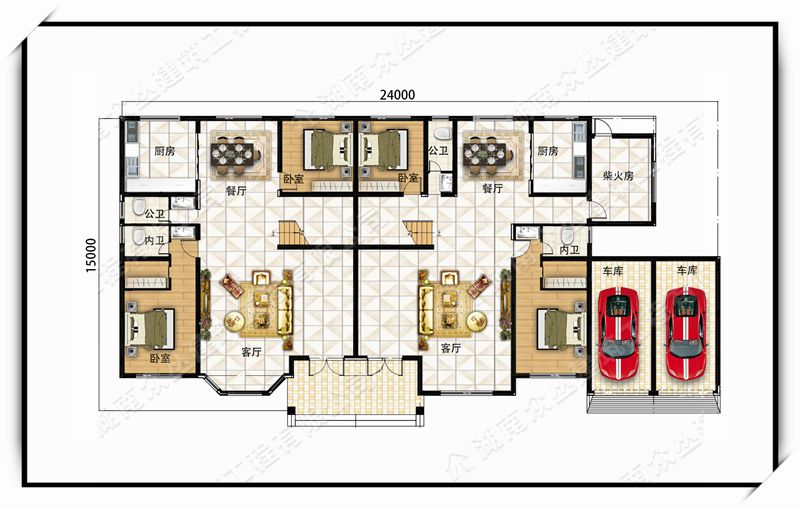 带车库带露台简欧双拼别墅自建房施工效果图纸全套